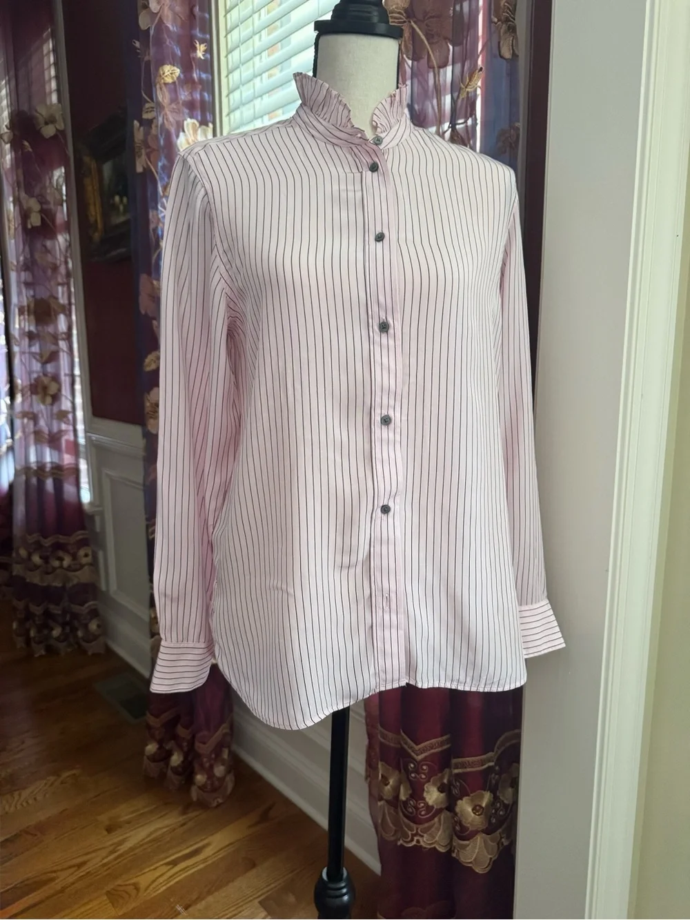 NWOT J. Crew Pink and Black Stripe Ruffle-Collar Button-Up Shirt